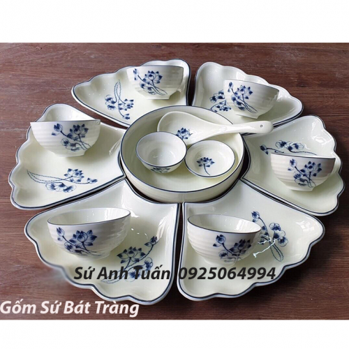 Bộ bát đĩa mặt trời men kem sen lam bat-22