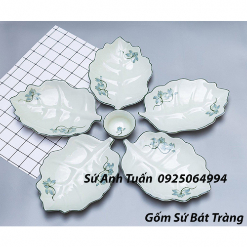 Bộ bát đĩa lá nho 5 cánh sen xanh lanho-03