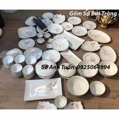 Bộ bát đĩa men kem hoa đào bat-13